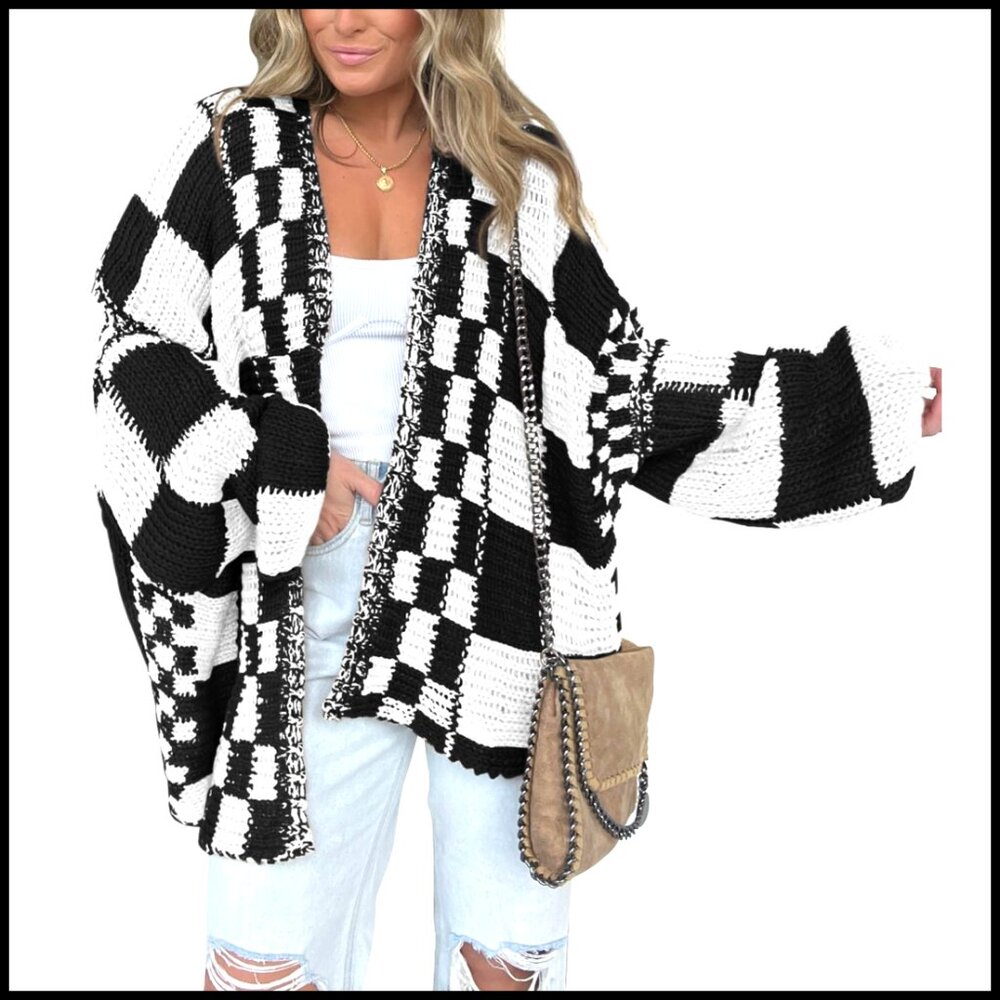 Chunky Knit Cardigan Sweater Open Front Checkered Pattern Long Sleeve